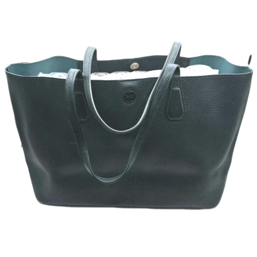 Tory Burch Perry Tote Purse Pebbled Leather Blue Turquoise Large Bag